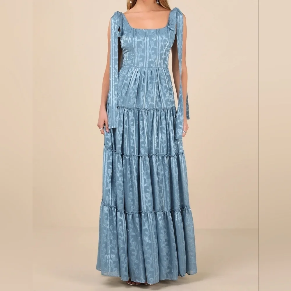 Lulus Picturesque Allure Slate Blue Sleeveless Jacquard Tie-Strap Maxi Dress - Picture 1 of 11